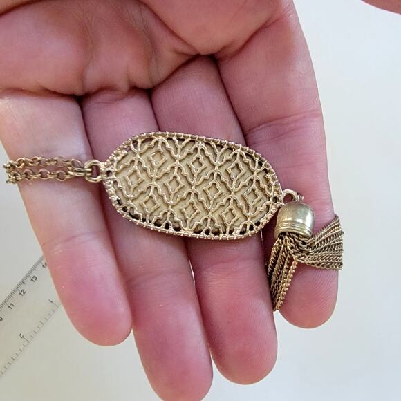 Vintage Long Gold Chain Necklace with Brown White Oval Pendant and Tassel Accent - Picture 10 of 10